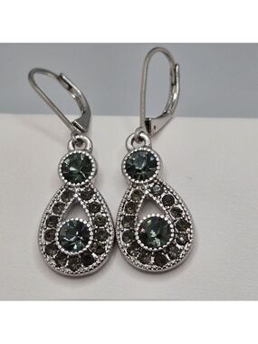 Monet Dark Green Crystal Teardrop Drop Earrings Silver Tone